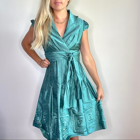 Adrianna Papell Aqua Green Tie Belt Collared Dress - Picture 1 of 11